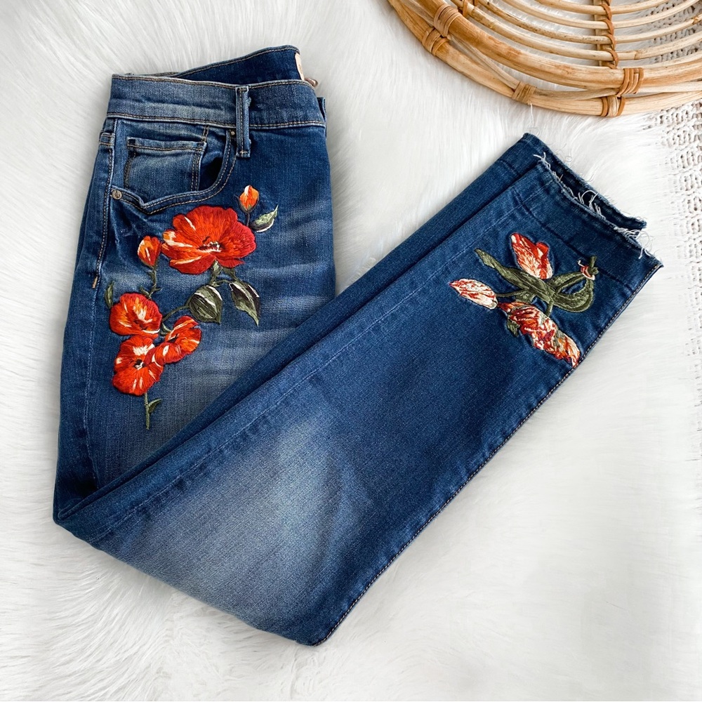 Driftwood Jackie Embroidered Floral Skinny Classic Fit Jeans Raw Hem Blue 28